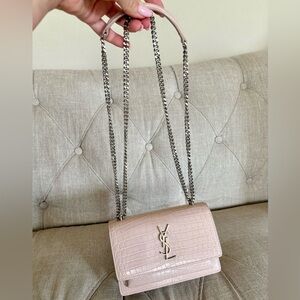 Saint Laurent Sunset Croc-Embossed Blush Pink w/ Silver Crossbody Small Bag